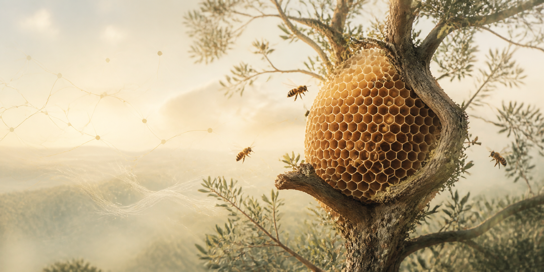 Ruche et abeilles dans un arbre, symbole d’observation et d’intelligence collective